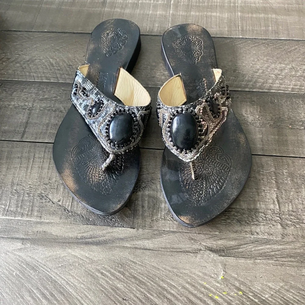 Naughty Monkey Women Boho Beaded Thong Sandals Black Bronze Size 7.5 Gypsy